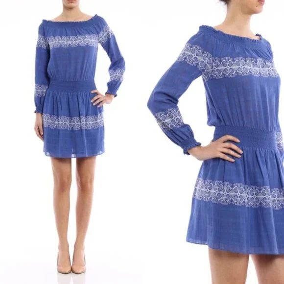 Tory Burch Loretta Blue and White Off the Shoulder Embroidered Gauze Mini Dress - Picture 1 of 10